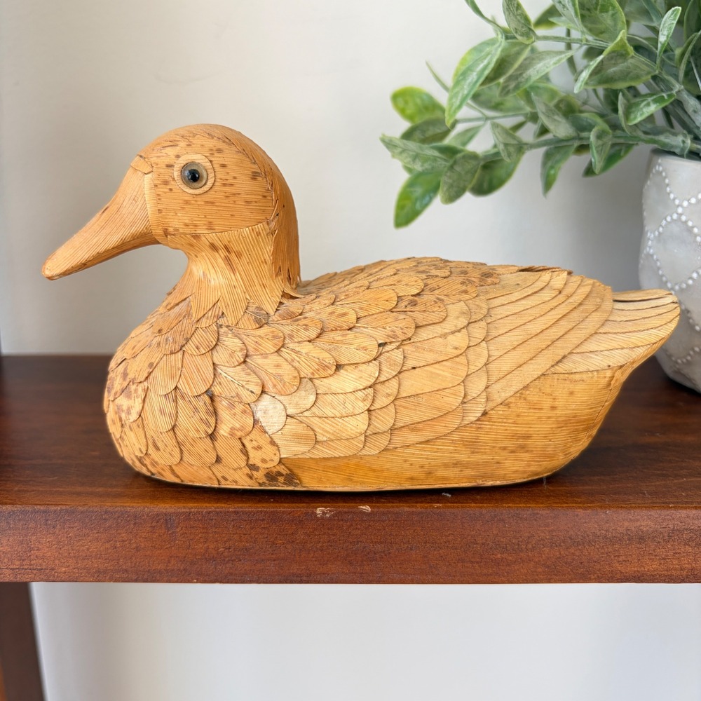 Vintage Woven Straw Duck Figurine Handcrafted Natural Fiber Bird Folk Art Decor